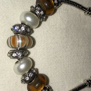 Silver Snake Chain Glass Beads Charm Bracelet